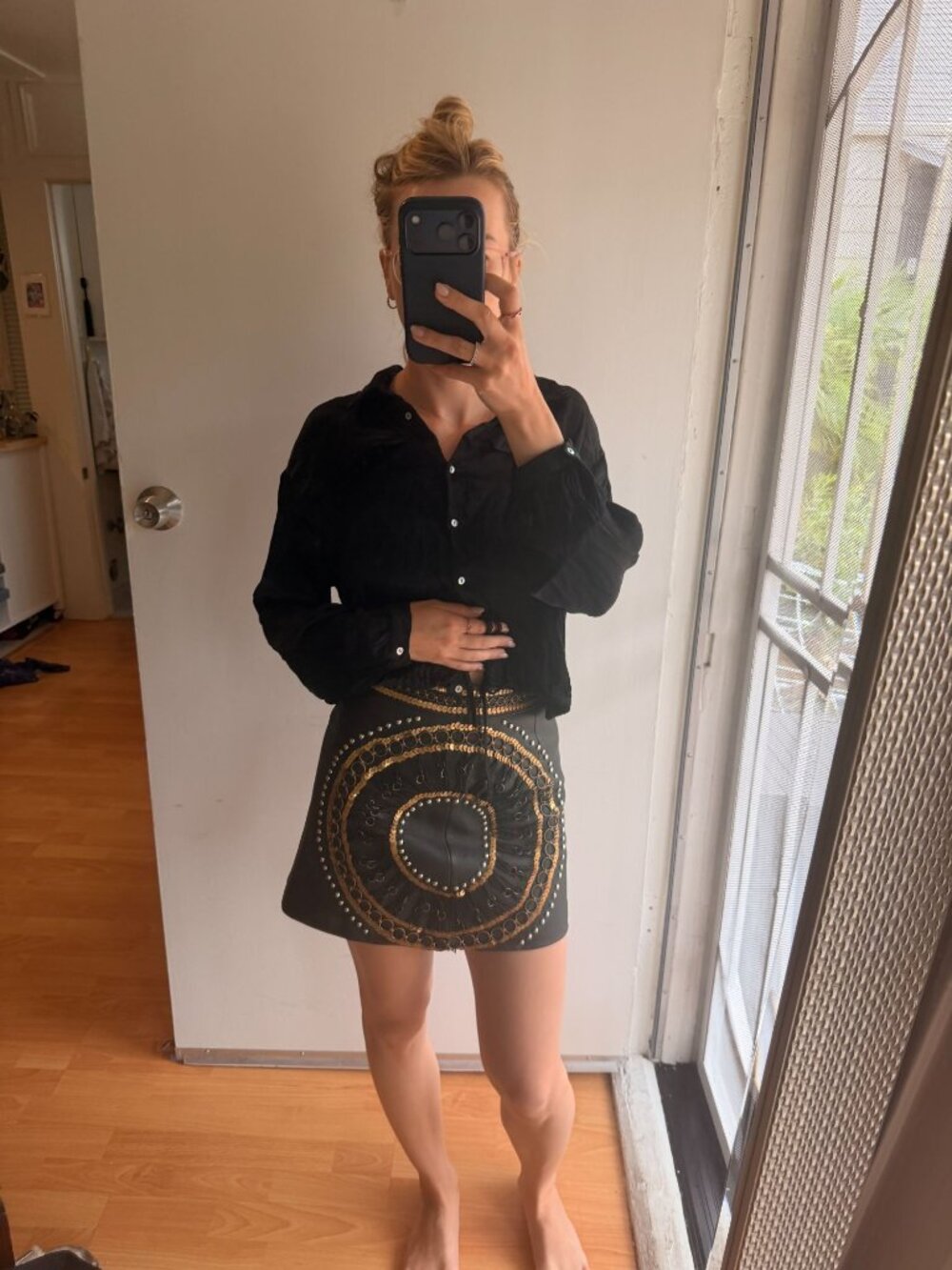 leather mini skirt embellished nasty gal XS gold sequin boho western - Picture 3 of 11